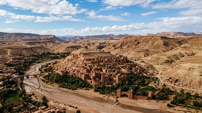 Aerial view of ancient Kasbah Ait Ben Haddou in Morocco, Ouallyz River