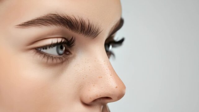A close-up shot showcases the left side of a woman's face. The main focal point is her striking eye, with delicate lashes and a neatly shaped eyebrow. Her skin appears smooth and even-toned.