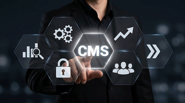 Businessman pointing at CMS content management system hexagon interface network