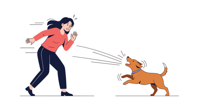 Scared woman running away quickly from a barking dog to escape and stay safe during an outdoor walk.