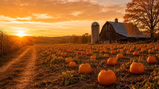 Pumpkin patch at golden hour with rows of vibrant orange pumpkins and rustic wooden farm barn