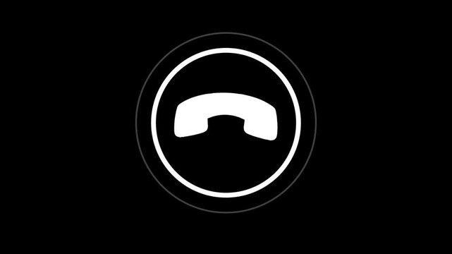 Minimalist phone call end animation, white telephone receiver symbol on black background, for ui ux, hang up