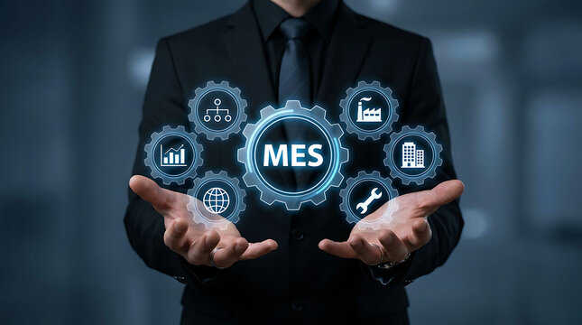 Businessman presenting manufacturing execution system MES concept virtual gears network