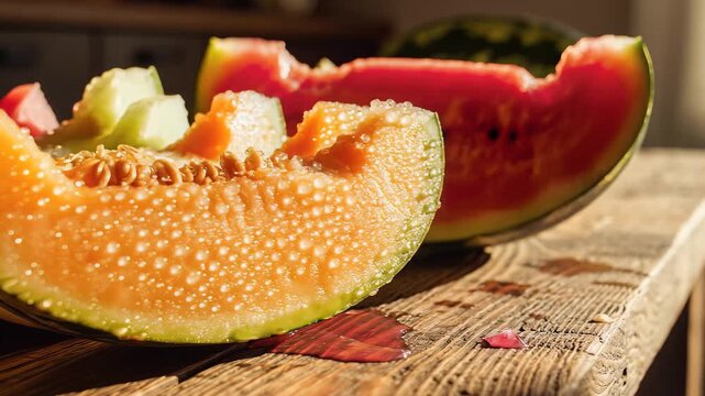 Fresh ripe cantaloupe and watermelon slices on wooden surface with natural sunlight