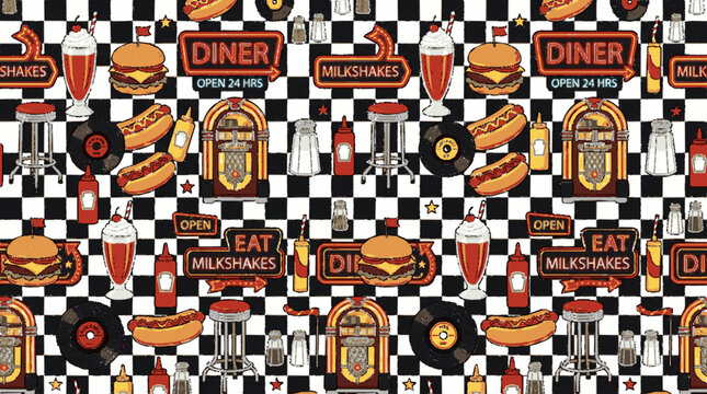 Retro diner seamless pattern with burgers milkshakes and jukeboxes on checkered floor