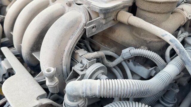 Gasoline engine runs and vibrates inside an older car, visible movement of intake components and hoses, automotive repair, mechanical maintenance.