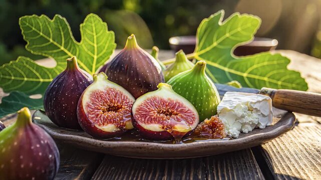 Fresh ripe figs and cheese served outdoors on wooden table with green leaves