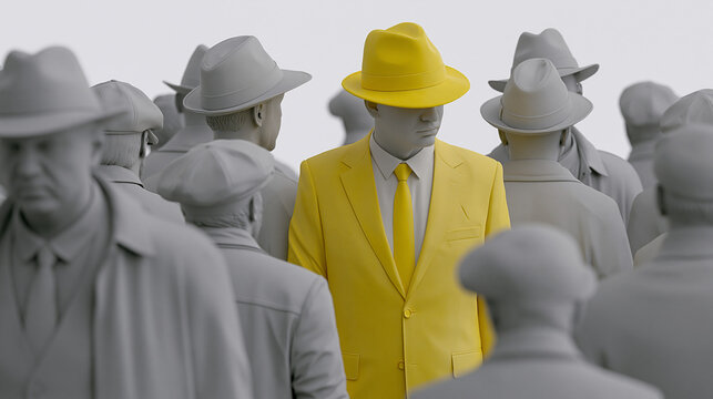A single person in a bright yellow suit and fedora standing out in a crowd of gray, monochromatic figures to represent individuality and uniqueness
