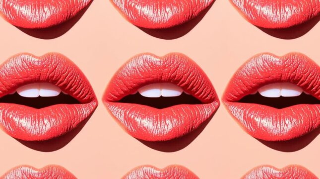 Woman lips wearing orange lipstick in repetitive pattern. Macro detail of mouth opening and closing. Concept of beauty skincare fashion and cosmetics health style