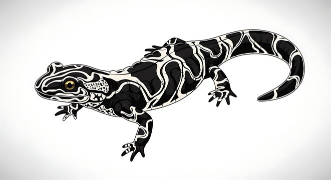 A black and white illustration of a lizard-like creature with intricate white lines