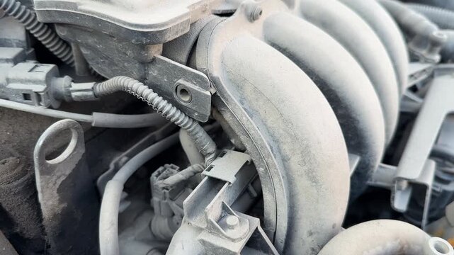 Gasoline engine vibrates while running in an aging car, detailed view of the intake manifold and wiring, vehicle diagnostics, automotive repair, maintenance service.