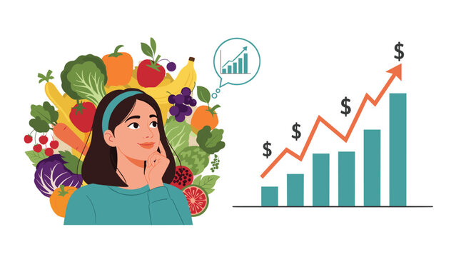 Thoughtful woman contemplates a variety of fresh vegetables and fruits while observing a rising financial graph showing high food inflation rates.