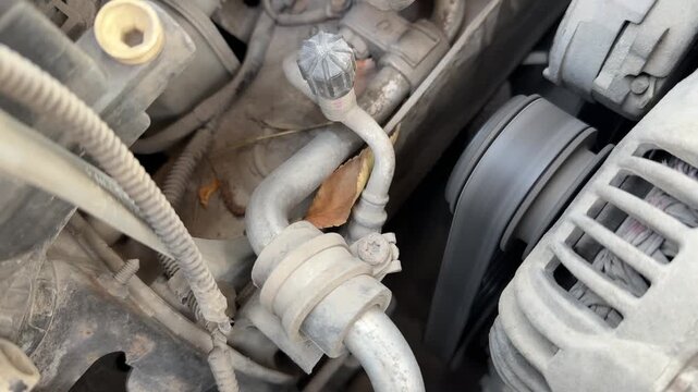 Engine runs while the timing belt rotates inside an older car engine bay, gasoline motor operation, moving pulley, automotive repair, maintenance inspection.