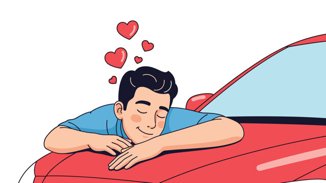 Happy man hugs his new red car with closed eyes and hearts above him to express his love, joy, and satisfaction with his recent purchase.