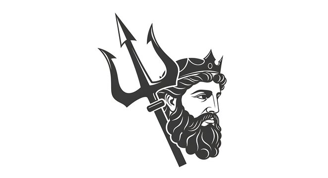 A black and white illustration of a man's head with a beard and crown, holding a trident