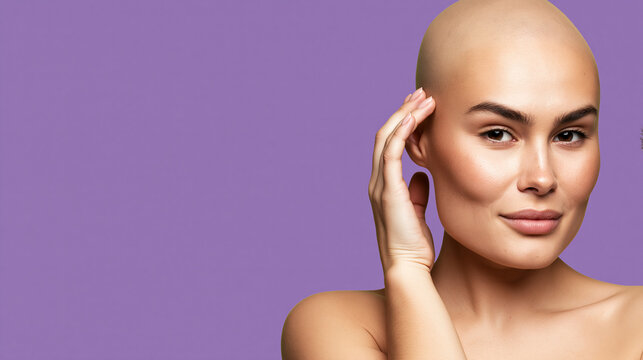 A beautiful bald woman with a confident expression, touching her head. She is looking directly at the camera with a gentle smile, her skin glowing under soft lighting. The background is a soft.