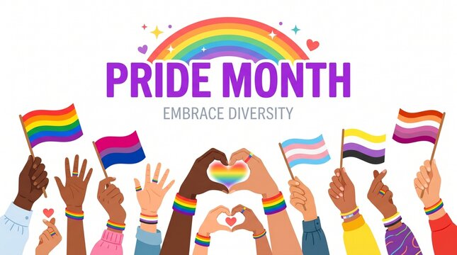 Pride month celebration with diverse hands holding lgbtq flags isolated on white background