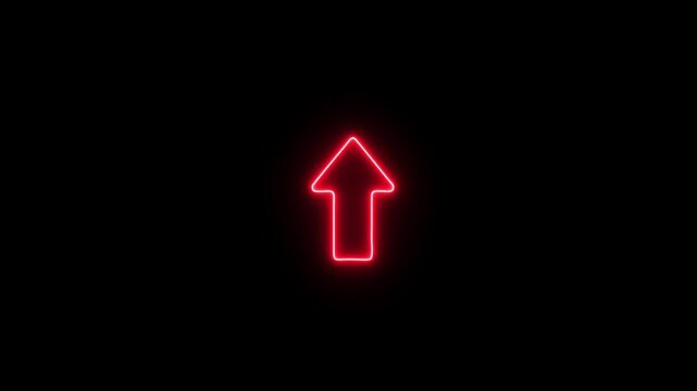 Glowing red neon arrow sign pointing up, minimalist digital motion for ui and navigation