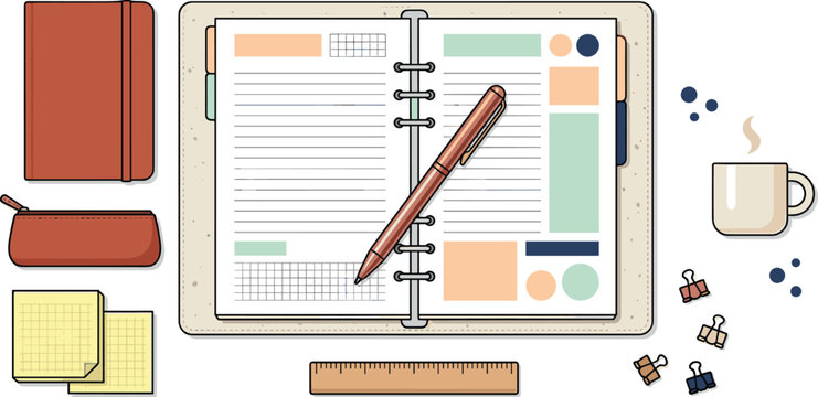 Top view of an open notebook planner layout with pen ruler sticky notes pencil case and coffee cup for productivity time management concepts