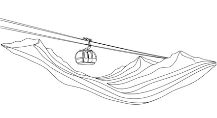 Cable car in mountain landscape, line art drawing, travel and transport concept © Papa