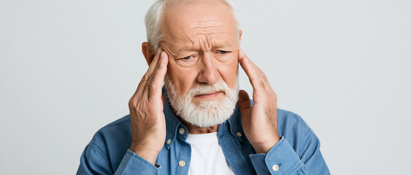 An elderly man with a white beard holding his head in pain. He is wearing a blue shirt and has a worried expression on his face