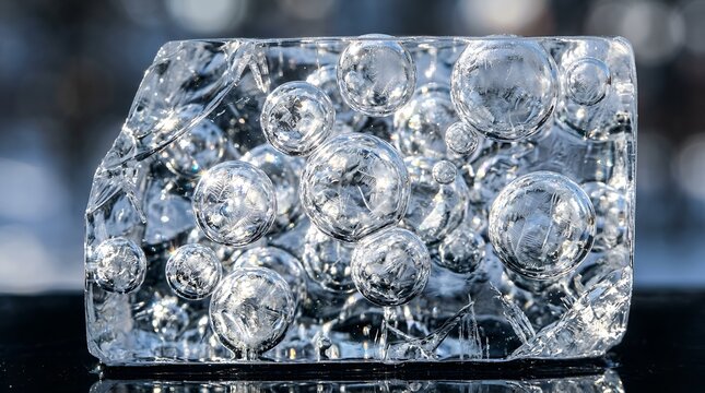 Frozen ice block with trapped air bubbles, clear translucent texture