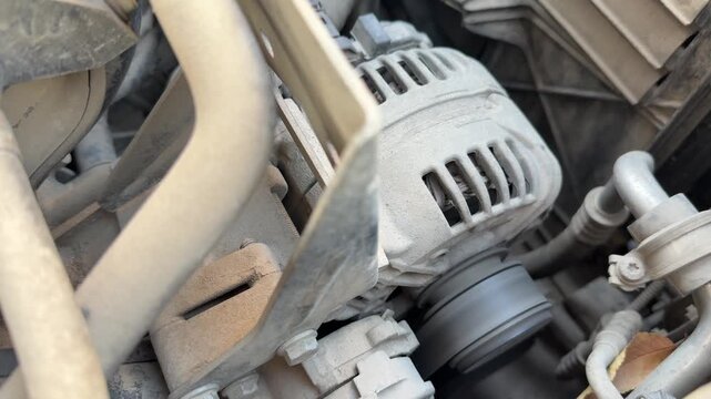 Timing belt and pulley rotate rapidly near the alternator in an older running car engine, repair concept, mechanical service, automotive maintenance.