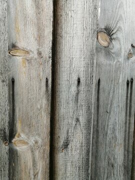 Rustic weathered grey wooden background with knots and rusty nail stains