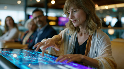 Fototapeta premium An airport lounge guest interacting with a holographic traveltech assistant kiosk that displays a dynamically adjusted trip itinerary based on a delayed flight while surrounding travelers observe wi