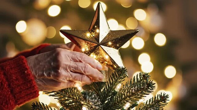 Hands place a shining star atop a decorated Christmas tree with warm bokeh lights.