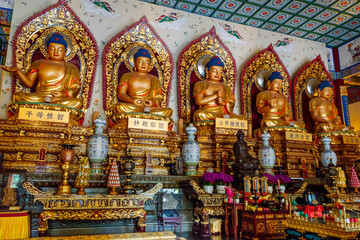 Fototapeta premium Five Golden Dhyani Buddha (Five Wisdom Buddhas) Statues Seated on Ornate Thrones Inside Da Xingshan Temple Hall in Xi'an, China
