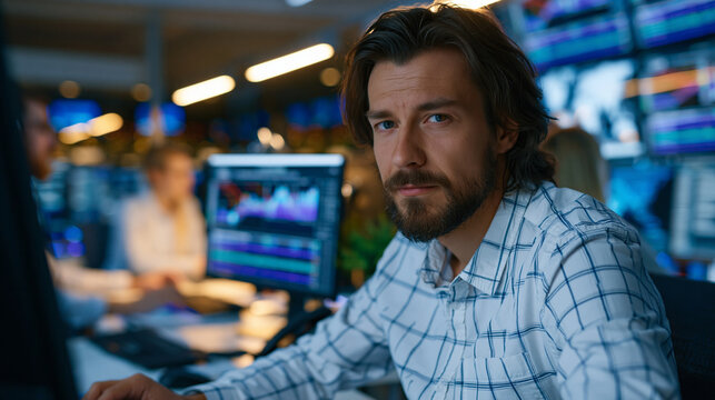Busy open-plan newsroom where a journalist edits copy beside an AI writing terminal generating breaking financial summaries, editors reviewing automated paragraphs for accuracy while wire feeds scro