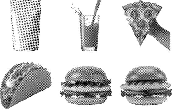 Halftone illustrations of fast food items and drink  burgers tacos and soda