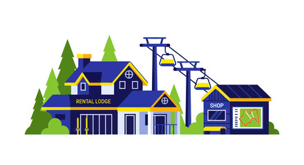 Ski resort rental lodge and shop with cable car lift in mountains © roina