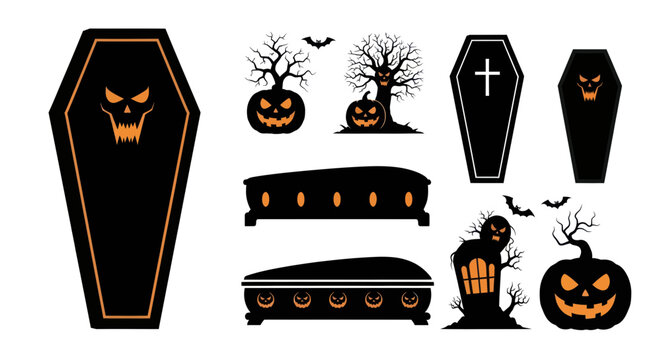 Halloween silhouette set with spooky coffins and jack-o-lanterns