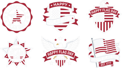 Fototapeta premium Happy Flag Day badge collection featuring patriotic American flag emblems and United States celebration vector illustration set