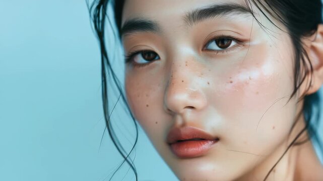 Close-up portrait of a woman showcasing natural beauty. The soft teal background highlights her freckled skin, glossy complexion, and wet, styled dark hair. Gentle lighting enhances her features.