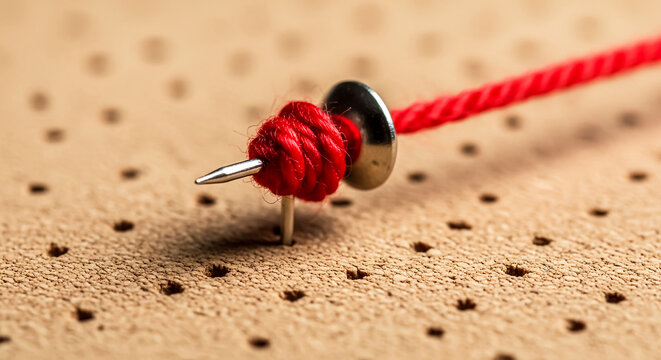 Close-up of red knotted string secured with push pin on perforated board