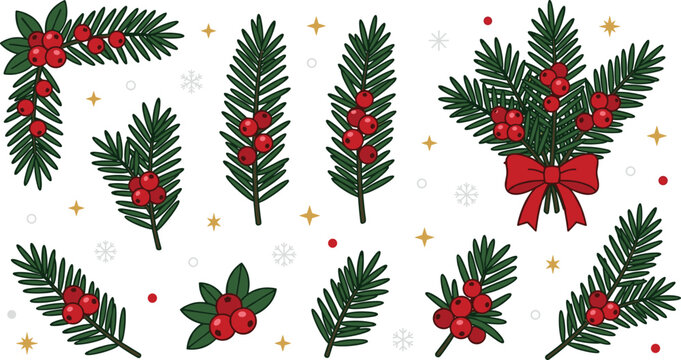 Christmas winter holly berry pine branch vector illustration set with festive green spruce leaves red bow and snowflake icons for holiday greeting decorations