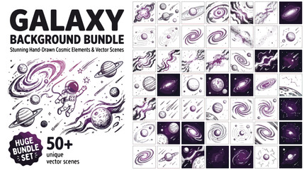 Set of 50 Hand-Drawn Galaxy Background Vector Scenes and Cosmic Elements © Sabri