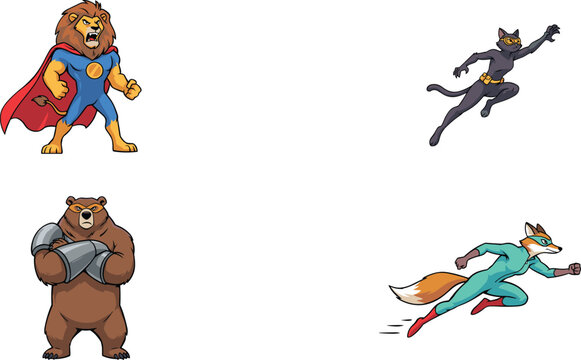 Superhero Animal Mascot Character Vector Set Featuring Powerful Lion, Black Cat, Armored Bear, and Running Fox for Comics and Gaming