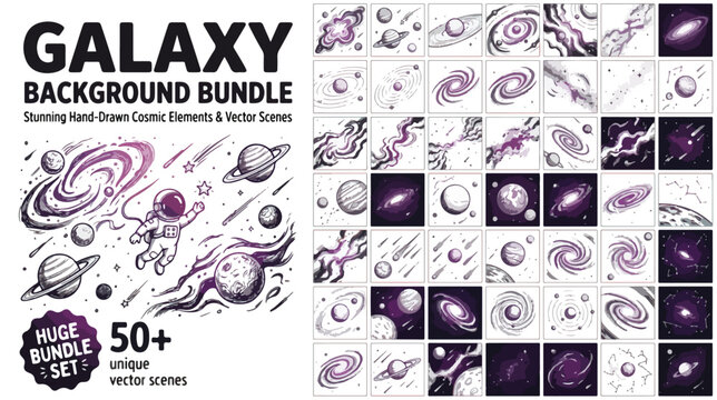 Set of 50 Hand-Drawn Galaxy Background Vector Scenes and Cosmic Elements