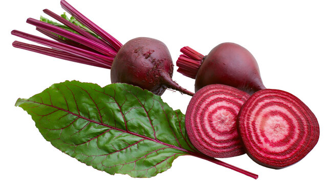 Whole and sliced beets with green leaves