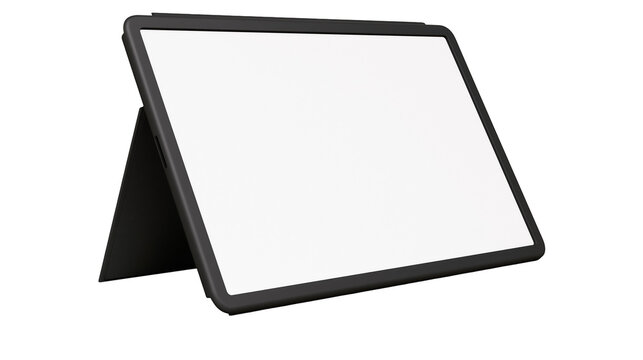 Black tablet with kickstand and blank white screen