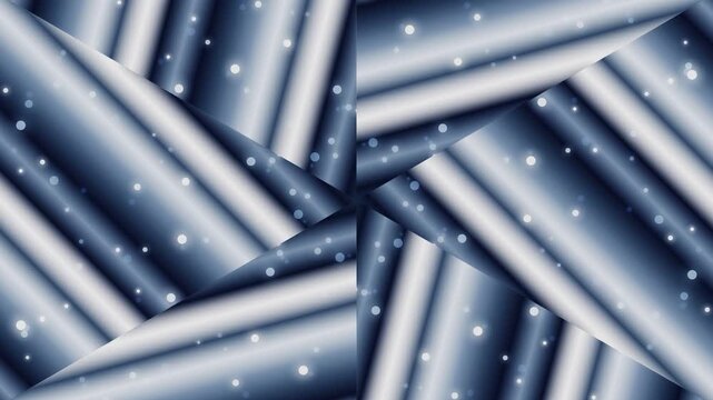 Shimmering metallic cylinders intersect with white dots in a dark blue background scene.