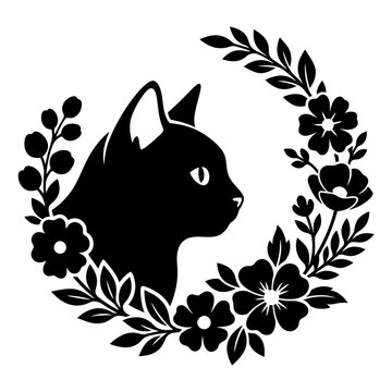 Cat profile floral crescent vector design