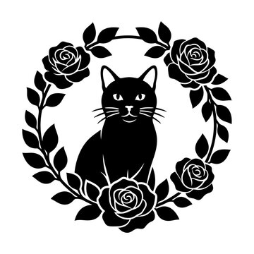 Black cat rose laurel wreath vector