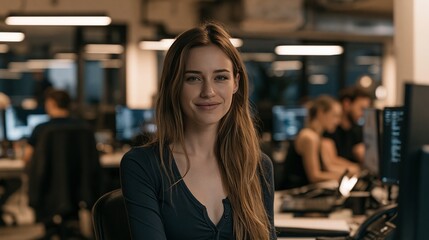 Fototapeta premium Successful young woman working at a desk, smiling naturally in a contemporary office setting.