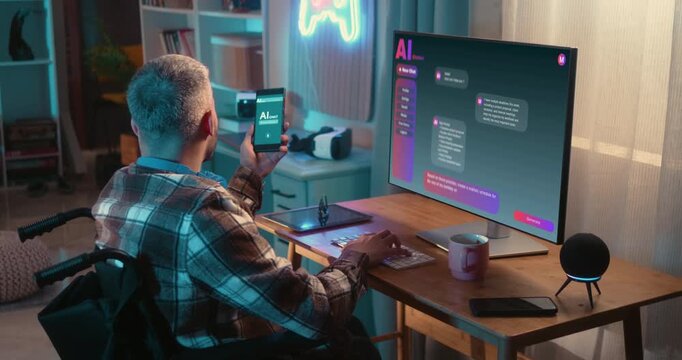 Man in wheelchair uses a voice AI assistant on his smartphone while chatting with an AI chatbot on a computer. Artificial intelligence supporting accessibility, productivity and remote work.