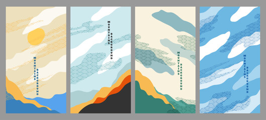 Naklejka premium Vector illustration. Abstract landscape background. Japanese pattern design. Geometric template. Traditional of Japan. Asian wallpaper concept. Vintage art. 70s, 80s retro graphic. Design for flyer
